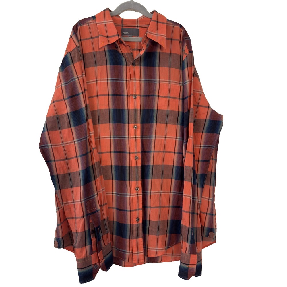 Vince Plaid Button Down Shirt Sz Large Orange Navy Lightweight Cotton Fall Men's